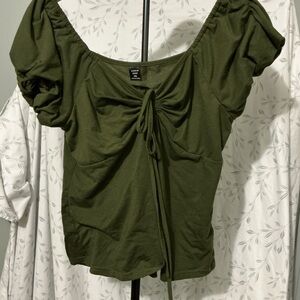 SHEIN Olive Green Puff-Sleeve Tie-Front Crop Top